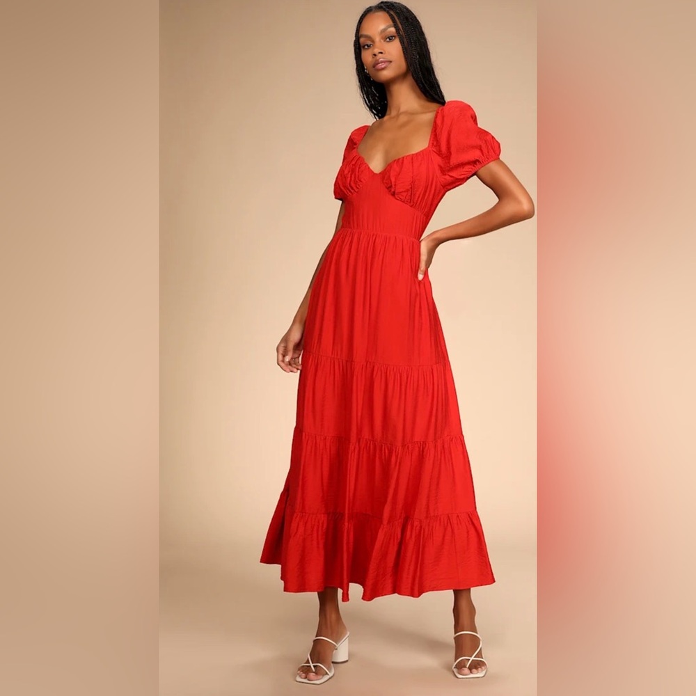 Lulu's Red Tiered Maxi Dress with Puff Sleeves